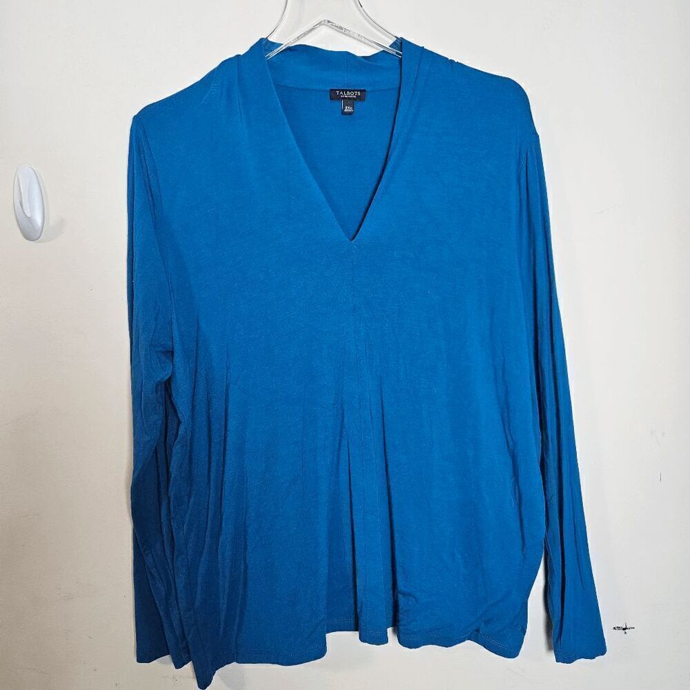 Talbots V Neck Long Sleeve Rayon Stretchy Tunic Blouse Women's Blue Size 2XPetit